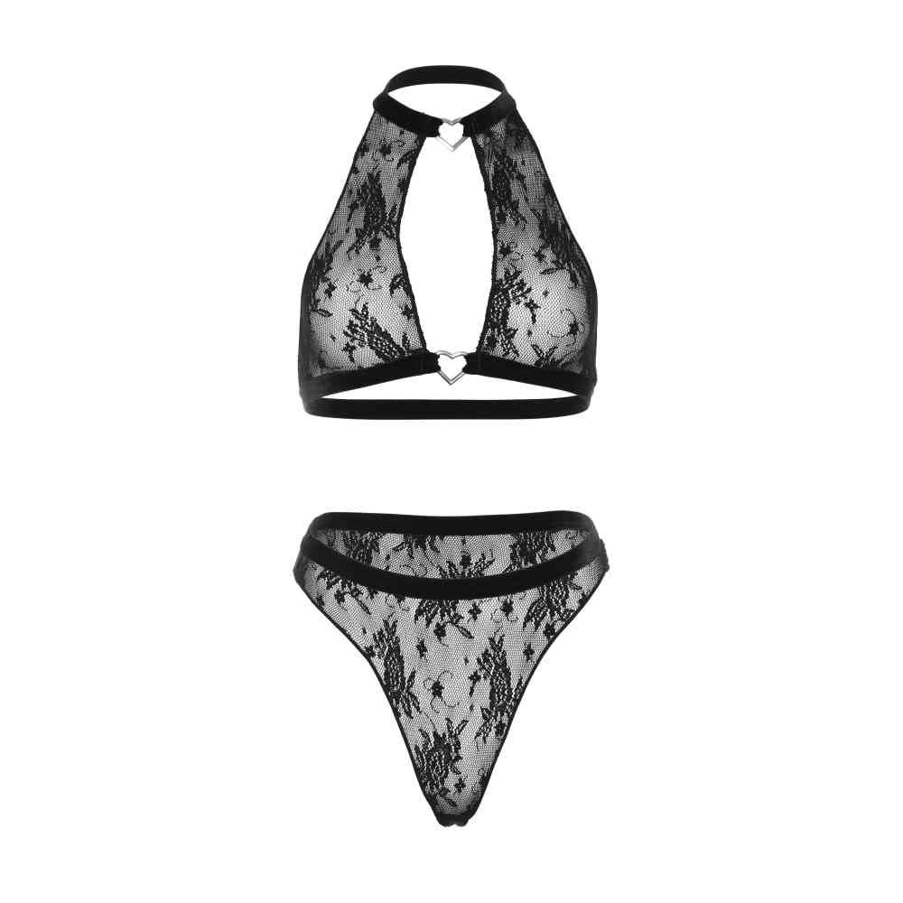 Leg Avenue - Floral Lace Neckholder-Top und Tangahöschen - Schwarz